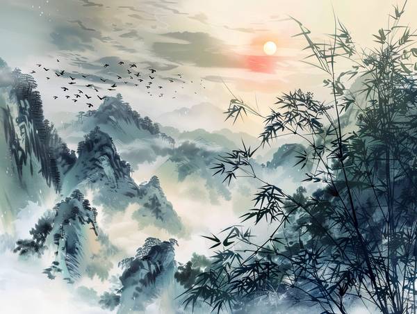 Essaim d\'oiseaux migrateurs survolant les montagnes de Chine. à Anja Frost
