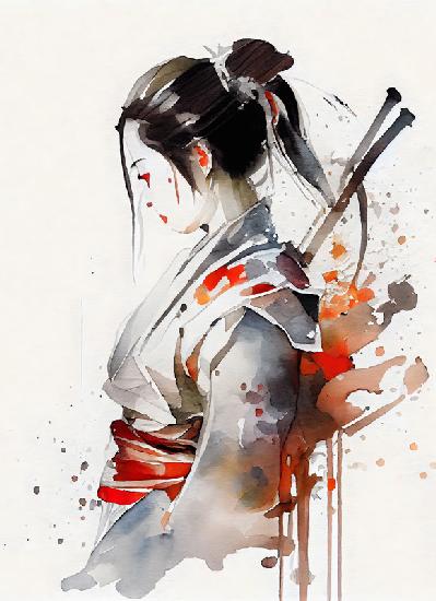 Combattant de geisha japonaise avec des épées de samouraï. portrait à l\\\\\\\'aquarelle