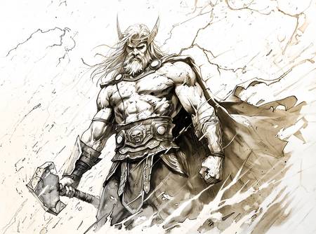 Dessin au crayon du dieu nordique Thor brandissant son puissant marteau, Mjölnir, tandis que les écl