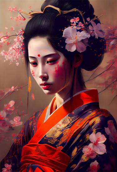 La magie des fleurs : une geisha entourée de beauté florale