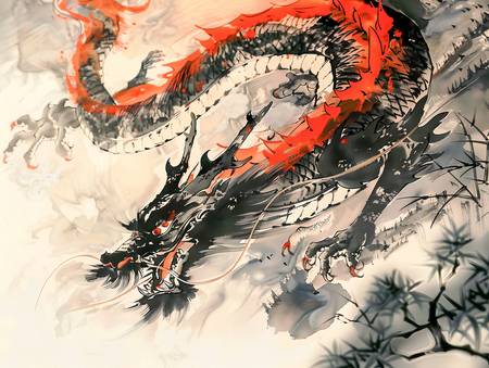 Dragon chinois en encre rouge et noire
