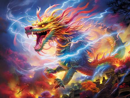  Dragon chinois arc-en-ciel avec des éclairs dans le ciel.