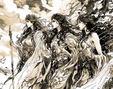 Dessin au crayon des Trois Nornes, les déesses du destin de la mythologie nordique.