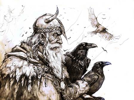 Dessin au crayon de Dieu Odin avec les deux corbeaux Hugin et Munin.