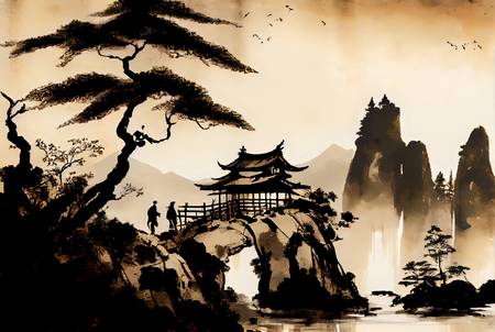 De doux coups de pinceau : Un temple au milieu d\'un paysage traditionnel à l\'encre de Chine