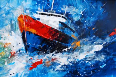 Bateau sur une mer agitée.  Moderne Abstrait