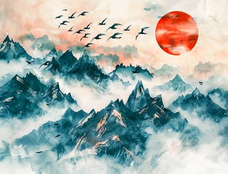 Des oiseaux volent au-dessus des montagnes de Chine vers le soleil rouge.