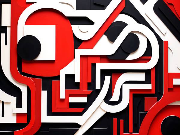 Fusion Enlacée Cercles et Carrés Rouges Blancs et Noirs avec Effet 3D à Anja Frost