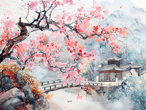 Temps des cerisiers en fleurs en Chine avec temple et pont sur l\'eau à Anja Frost