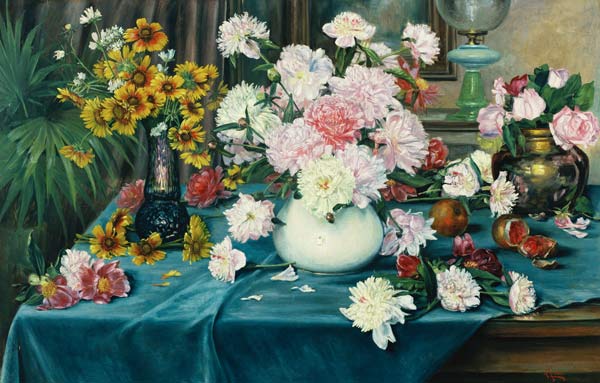 Pfingstrosen, Rosen und andere Blumen in Vasen à Anna Knittel