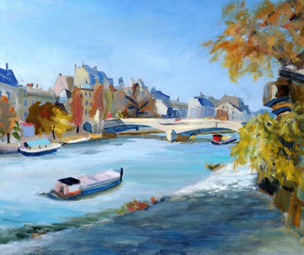 Barge sailing down the river Seine in Paris (oil on canvas)  à Anne  Durham