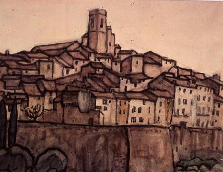 View of a Walled Town with Roof Rising to a Square Tower on a Hill à Anne L. Falkner