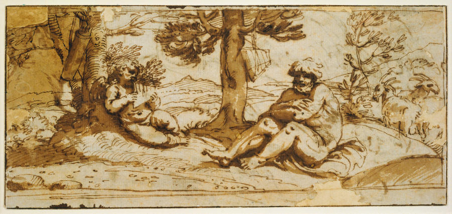 Amor, Playing the Flute, and Silen in an Arcadian Landscape à Annibale Carracci, dit Carrache