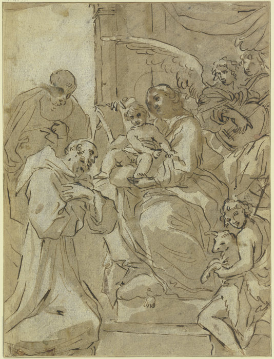 Die Madonna mit Kind zwischen Heiligen, hinter ihr musizierende Engel à Annibale Carracci, dit Carrache