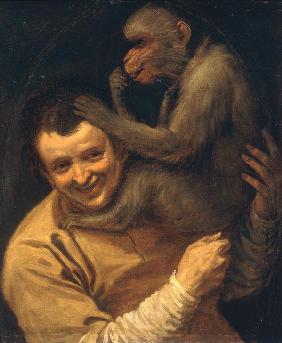 Man and Monkey picking its lice