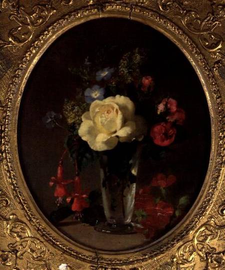 Still Life of a Yellow Rose, Mignonette and Fuchsias à Annie Feray Mutrie