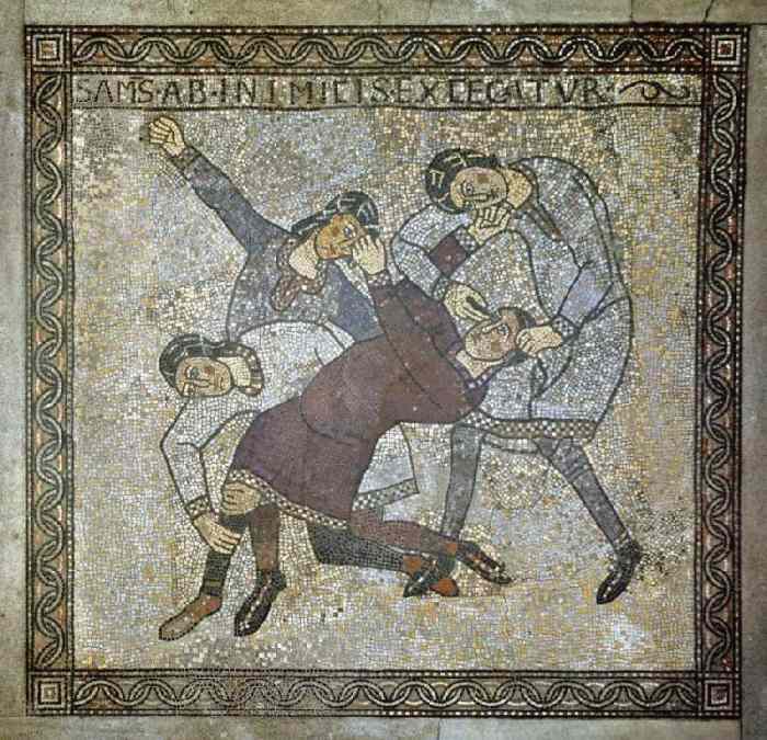 Blendung Samsons, Mosaikfußboden in der Krypta à Anonym Romanisch