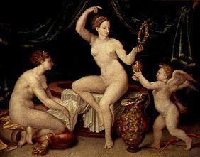 Venus se regarde dans le miroir après le bain, Amor remet le bol d'onguent