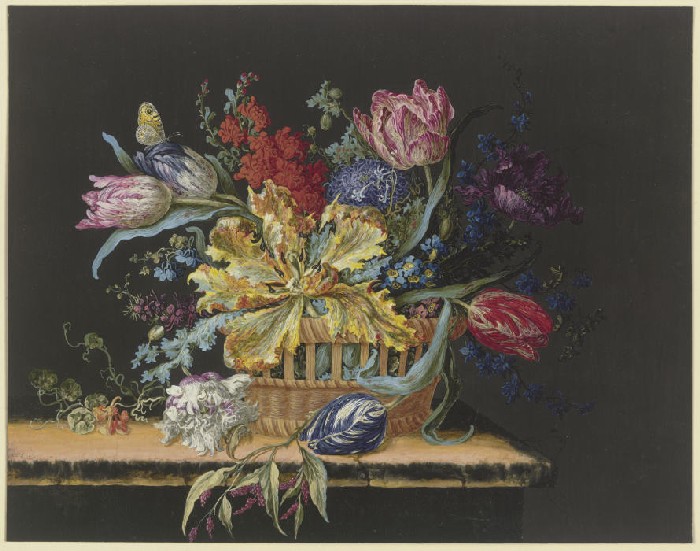 Blumenkorb mit Tulpen, Levkojen, Rittersporn und anderen Blumen auf einem Tisch à Anonyme