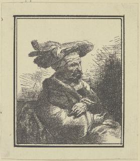 Ein Mann im Pelzrock und Federhut, sitzend, im Profil nach rechts