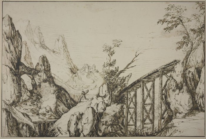 Felsige Landschaft, rechts eine steile Holzbrücke à Anonyme