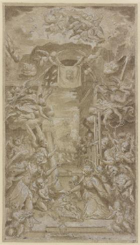 Geburt Christi, umgeben von einem Kranz von Engeln, die die Symbole der Passion tragen, im Bogensche