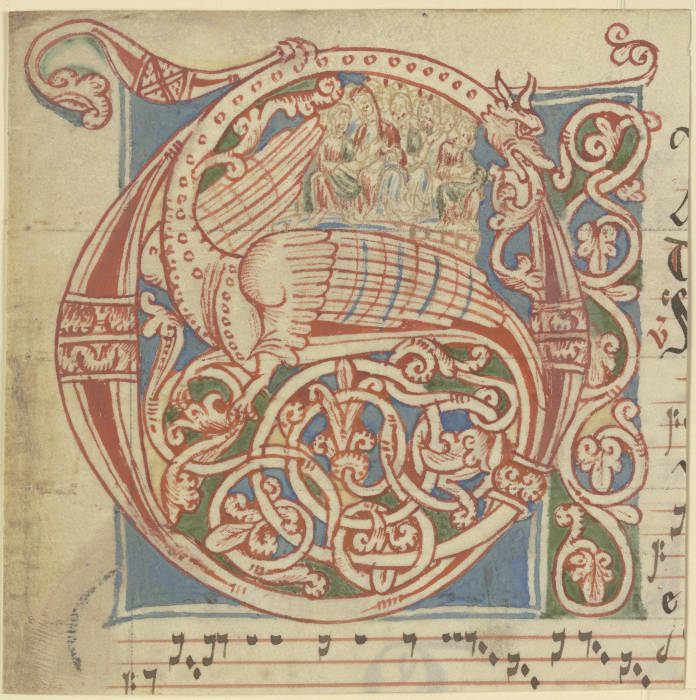 Initiale C oder G, Ornament mit geflügltem Drachen (verso Textfragment) à Anonyme