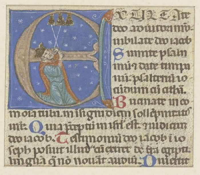 Initiale E: Darin ein kniender Mann mit Krone, drei Glocken läutend (verso Textfragment) à Anonyme