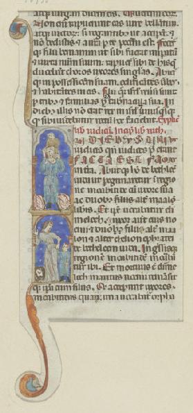 Initiale I: Oben der Heilige Christophorus, das Jesuskind auf den Schultern tragend, unten eine Frau