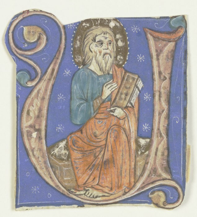 Initiale U: Darin ein nimbierter bärtiger Mann mit Codex (verso Textfragment) à Anonyme