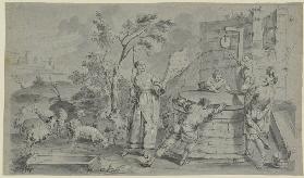 Jakob öffnet den Brunnen von Haran, um Rahels Schafe zu tränken