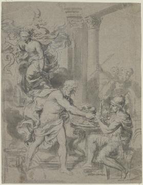 Mythologische Szene: Einem Krieger, der vor Säulen an einem Tisch sitzt, wird von einem nackten Mann