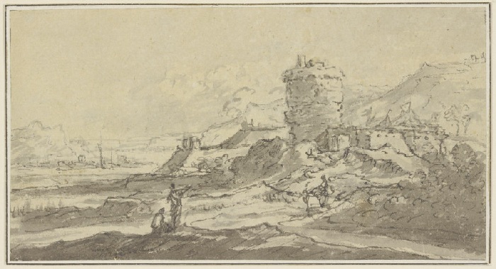 Ruine mit einem Turm in einer hügeligen Landschaft à Anonyme
