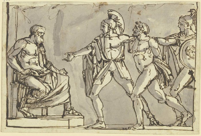 Szene aus der griechischen oder römischen Sage: Ein Gefangener wird von zwei Kriegern dem König vorg à Anonyme
