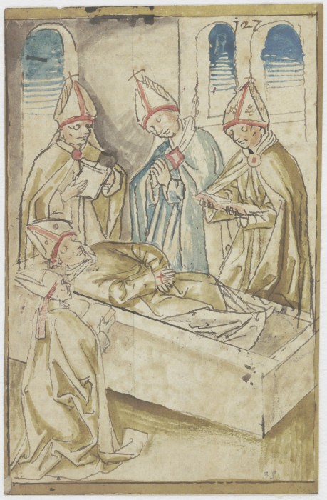 Vier Geistliche, betend um einen Sarg stehend (Der Tod des Heiligen Ulrich) à Anonyme