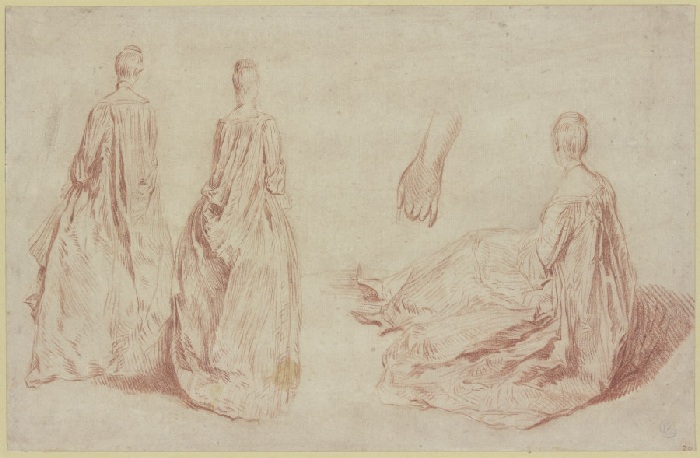 Zwei stehende Damen in Rückansicht, eine Hand und eine sitzende Dame à Anonyme