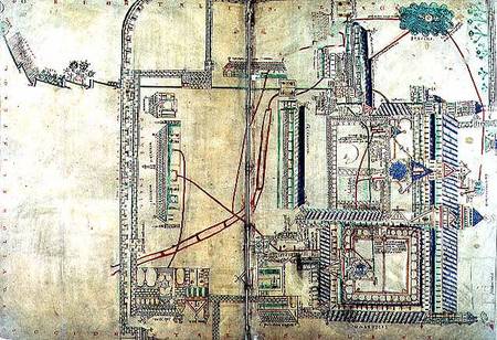 Ms R 171 f.285 Plan of Canterbury Cathedral and the plumbing system à Anonyme
