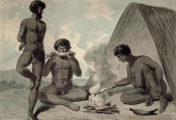 Aborigines eating fish in front of a campfire, possibly by Philip Gidley King (1758-1808) (w/c) à Anonyme
