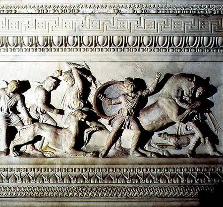Alexander Sarcophagusdetail of soldiers attacking a lion à Anonyme