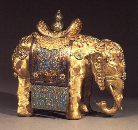 Chinese gilt-bronze figure of an elephant, with enamel trappings and coral and turquoise cabochons, à Anonyme