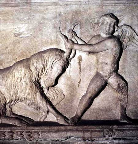 Detail from a Greek sarcophagus from Lydia depicting a putto wrestling with a goat à Anonyme