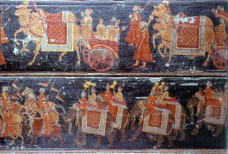 Detail from two painted wood panels depicting processions with soldiers, carriages, oxen and elephan à Anonyme