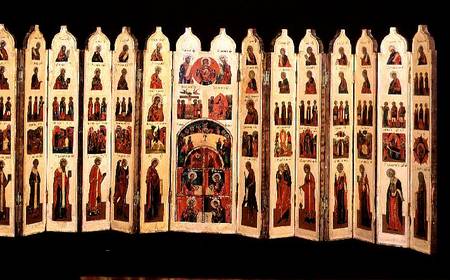 Fifteen-section icon screen with scenes from the Life of Christ and Saints à Anonyme
