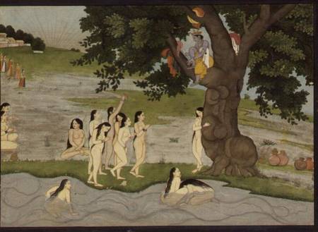 Krishna steals the clothes of Gopies, from the 'Bhagavata purana', Kangra, Himachal Pradesh, Pahari à Anonyme