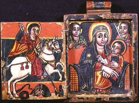 Madonna and child and St.George and the Dragon, double sided diptych (obverse),Ethiopian Coptic icon à Anonyme