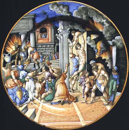 Maiolica plate depicting the burning of Troy with Aeneas carrying his father Anchises on his back wi à Anonyme