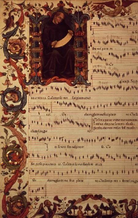 Ms Med. Pal. 87 Page of Musical Notation with historiated initial à Anonyme