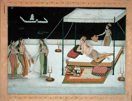 A Mughal prince receiving a lady at night à Anonyme