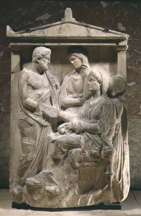 Phainippos and Mnesarete gravestone showing family reunion and hand-shake, Classical Greek à Anonyme