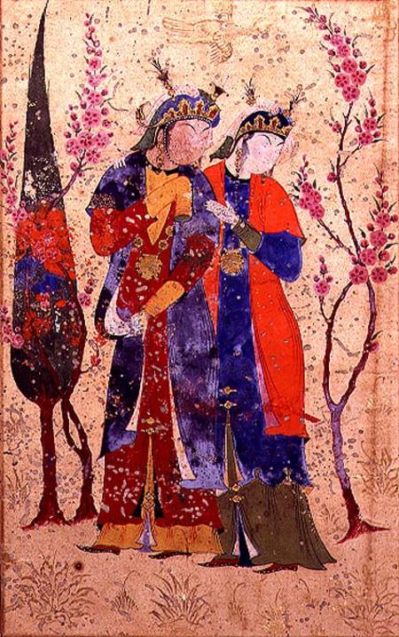 Two princesses in a garden landscape, Persian, Bokhara à Anonyme